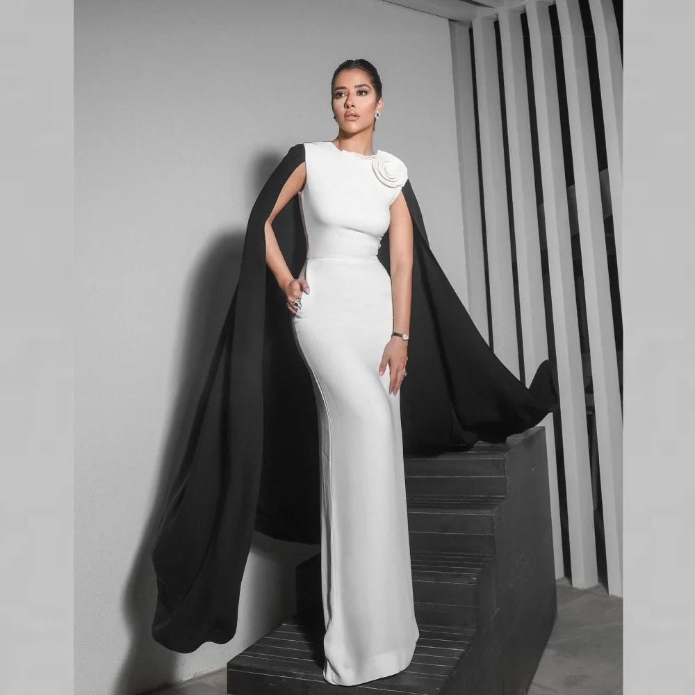 

Evening Jersey Flower Ruched Evening A-line High Collar Bespoke Occasion Gown Long Dresses Saudi Arabia