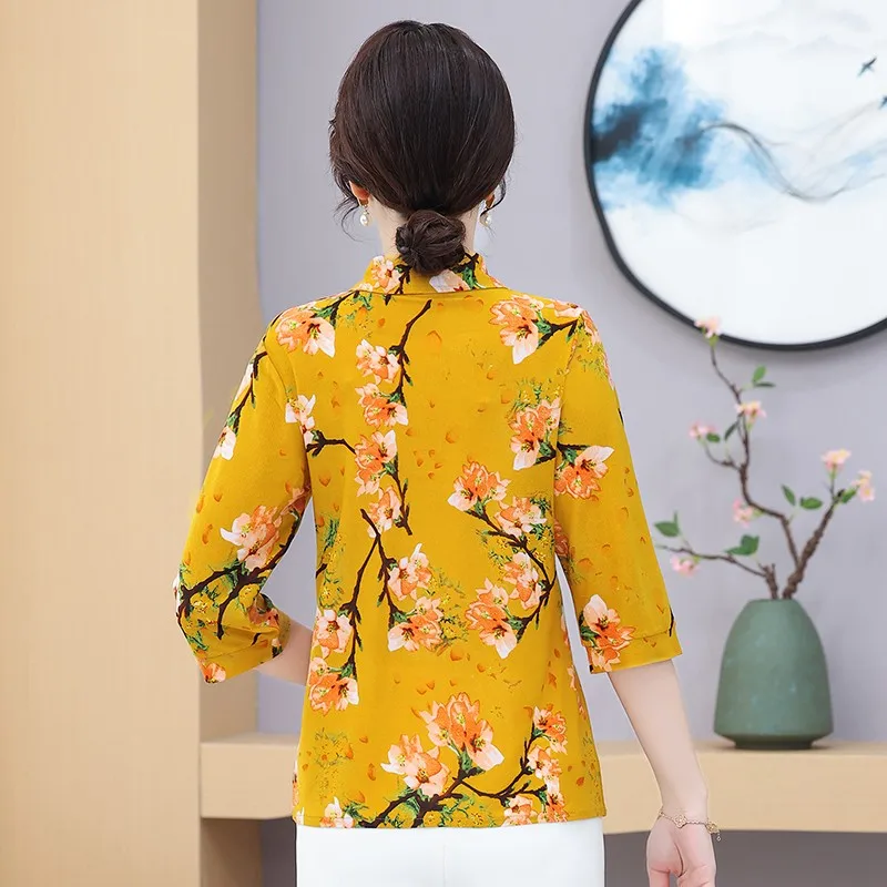 Middle aged mother Casual Loose Turn-down Collar Blouse Summer Fashion Vintage Printed Female Clothing Short Sleeve Shirt