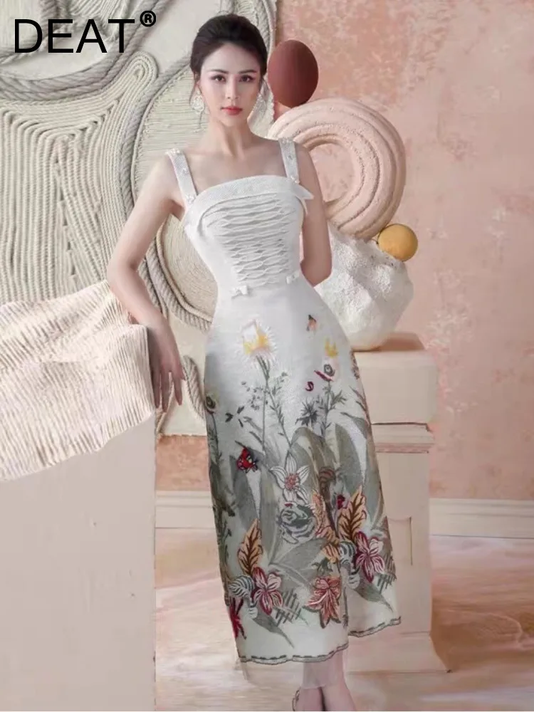 

DEAT Women's Dress Camisole Sleeveless Backless Print Embroidery Contrast Color Fashion Female Dresses Summer 2023 New 13DB1864