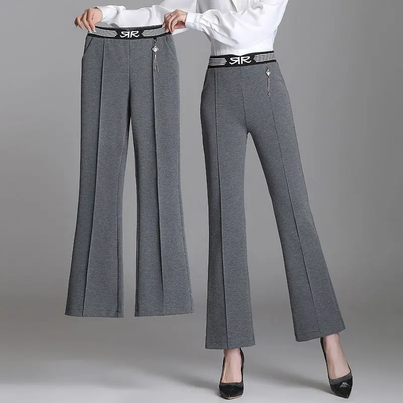 Office Lady Fashion Flare Pants Korean Spring Autumn Women Elastic High Waist Solid Simple Pocket Slim Versatile Casual Trousers