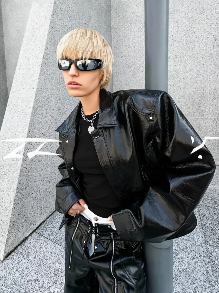 Lautaro Autumn Cool Short Oversized Pu Leather Jacket Women Shoulder Pads Zippper High Quality American Retro Punk Style Clothes