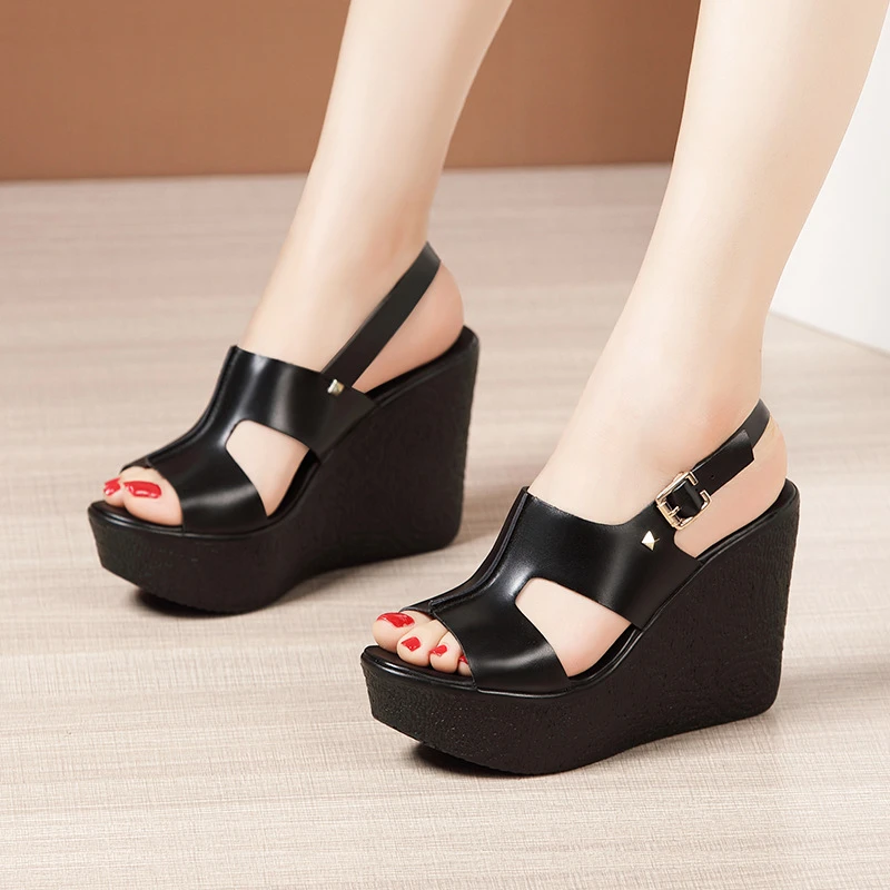 11cm High Heel Wedges Heel Sandals Women Summer21new Thick Bottomed Platform Open Toe Black White Sandals Size 32 To 43 Aliexpress