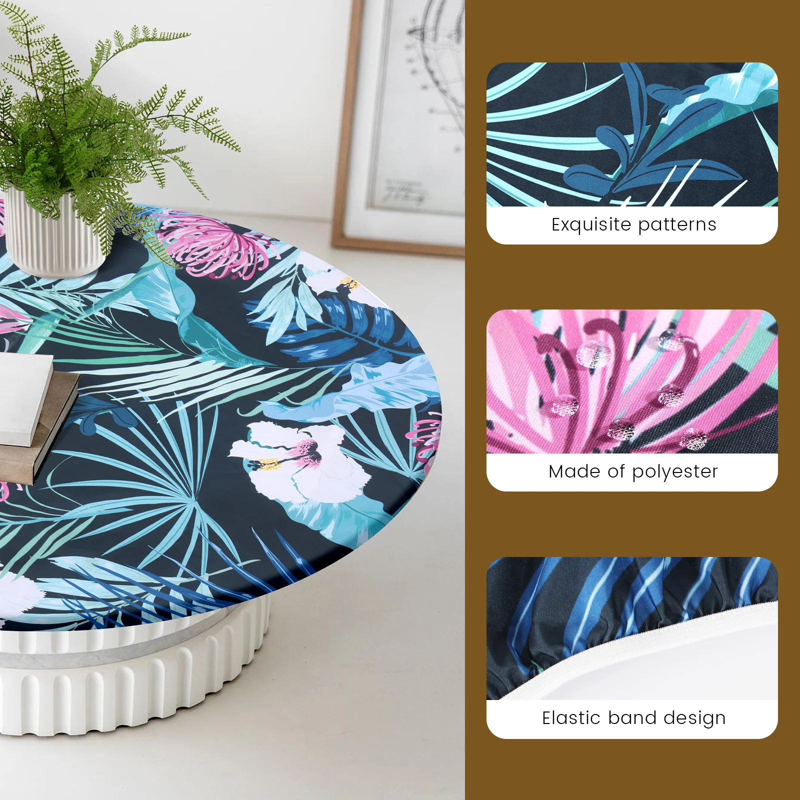 Elastic Round Table Cloth Polyester Waterproof Dining Table Cloth Oil-Proof Kitchen Circle Table Cover for Decor Diameter 100cm