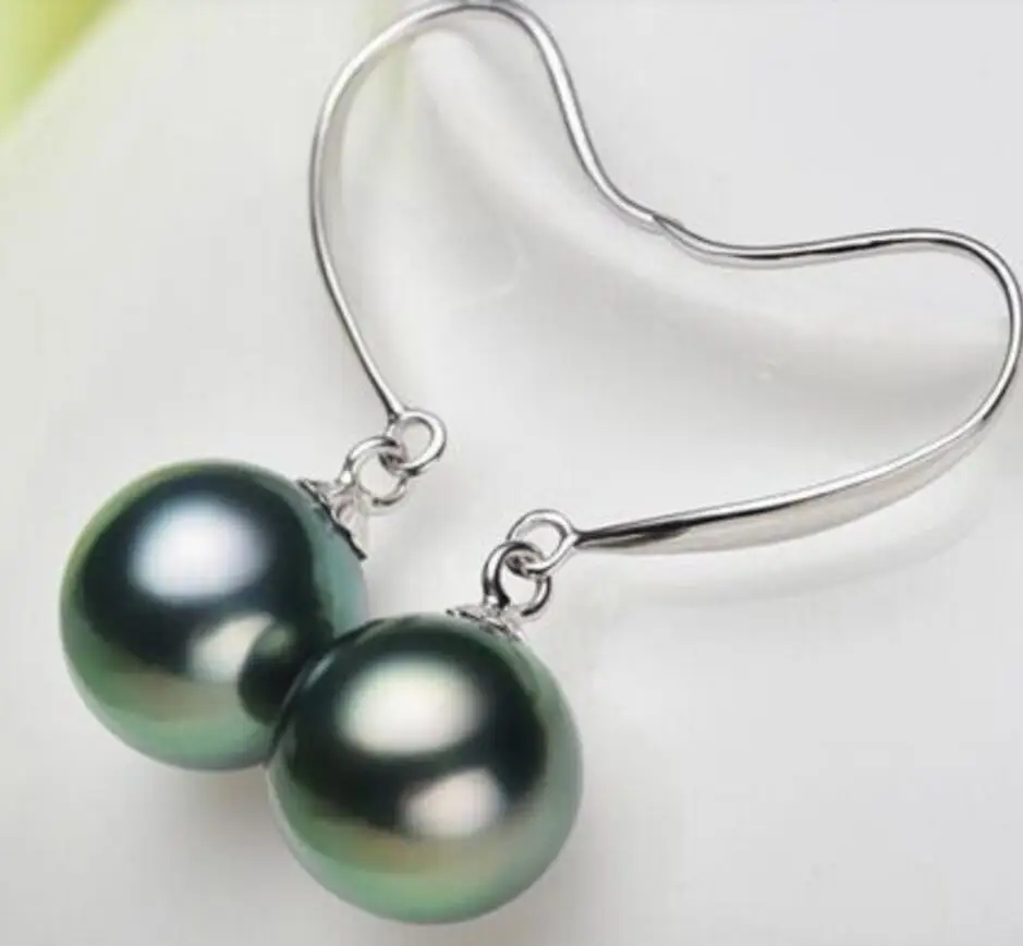 

Fine jewelry charming a pair 10-11mm Tahitian round black pearl earring 925S