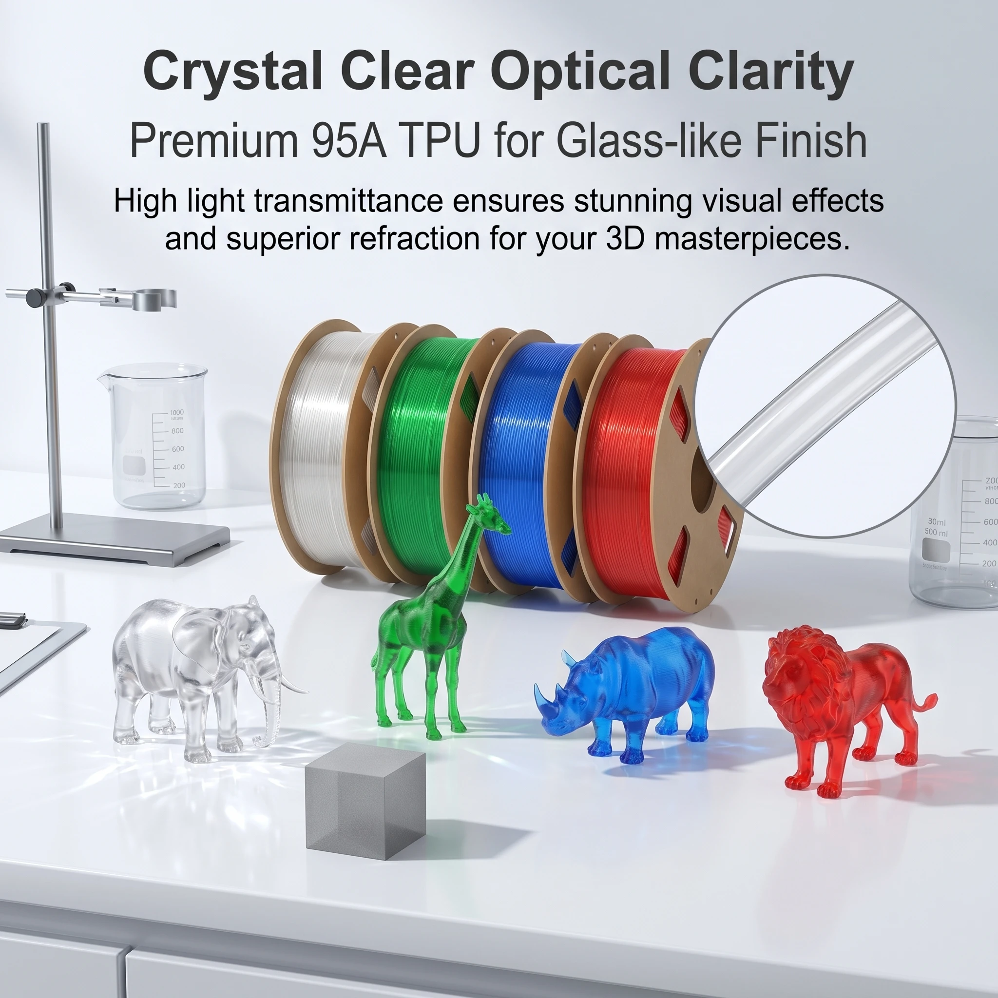 95A 투명 TPU 필라멘트 1.75mm 유연한 3D 프린팅 필라멘트 ±0.03mm 고탄성 습기 방지 논클로그 부드러운 프린팅 스포