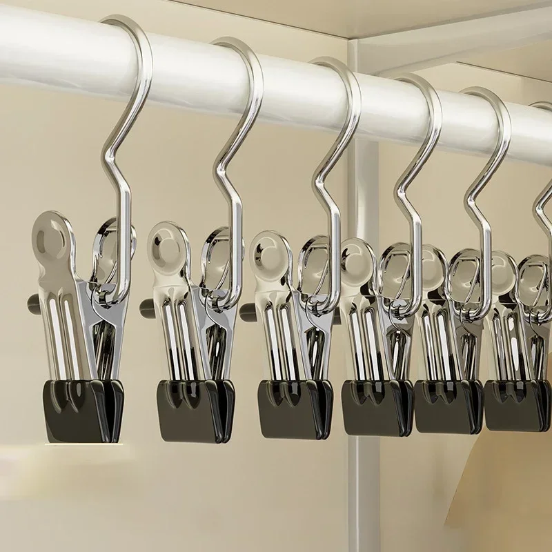 10 PC Multifunctional Clip Stainless Steel Clothespins Laundry Clothes Pegs with Hook Portable Hanging Wardrobe Organizer Hanger
