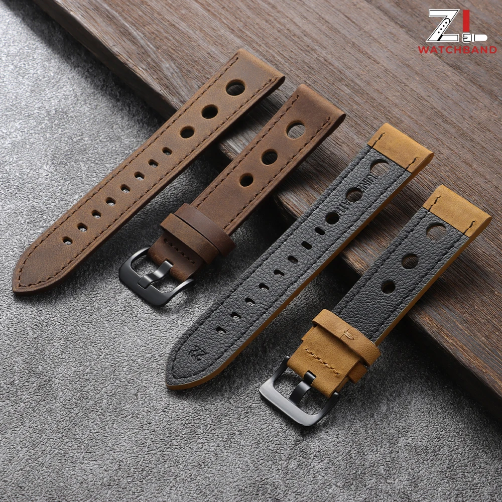 Premium Crazy Horse Leather Watchband - Genuine Cowhide, Breathable Racing Strap