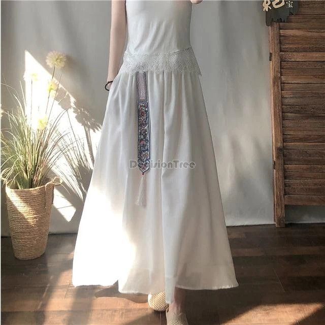 

2024 retro chinese national style embroidery tassel cotton hemp skirt spring summer elastic waist long loose casual skirt w336