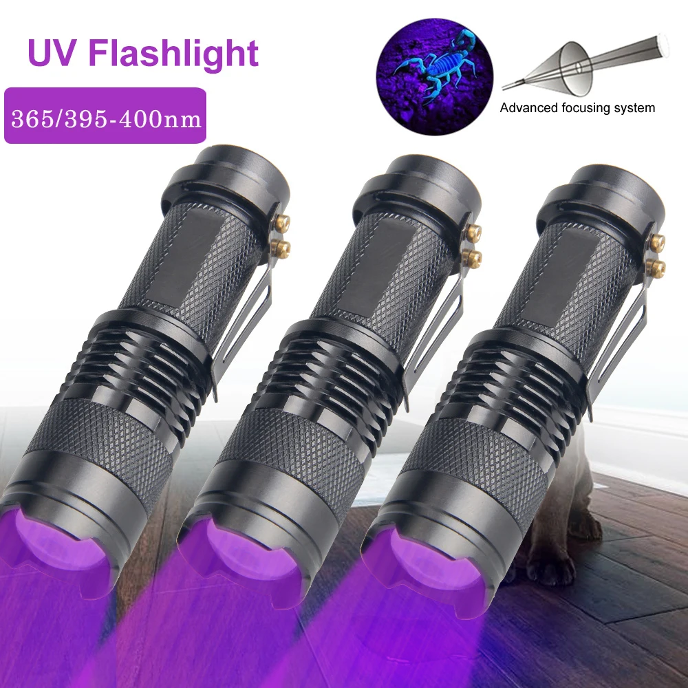 

SK68 Mini UV LED Flashlight 395nm 365nm 3 Modes Ultraviolet Black Light Zoomable Purple Torch For Dog Urine Pet Stains Bed Bug