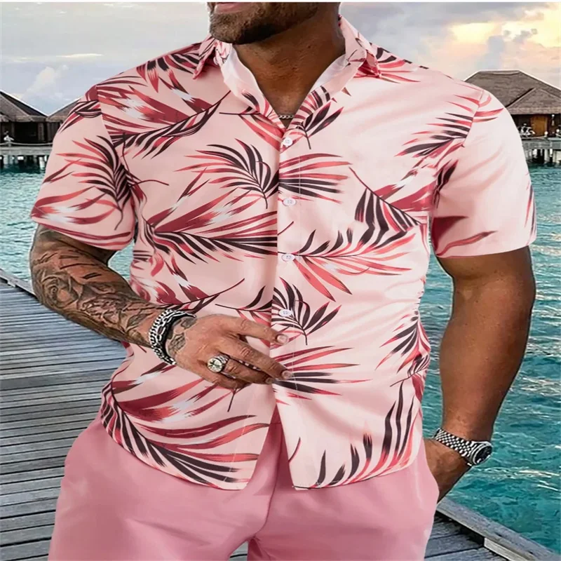 New Fashion Men's Leaf Print Short Sleeve Shirt Summer Beach Resort Style Polyester Tropical Hawaiian Shirt Men's 5XL