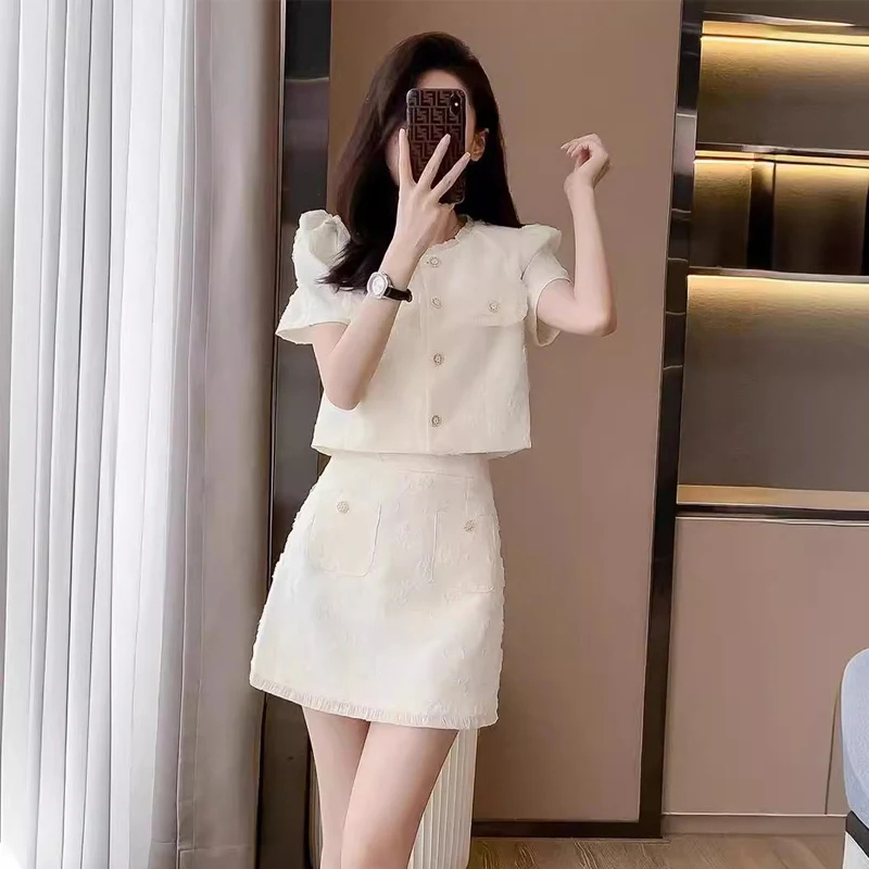 

Apricot colored women's tweed short sleeved jacket+short skirt 2 pcs set, new summer age reducing small fragrance fashion set