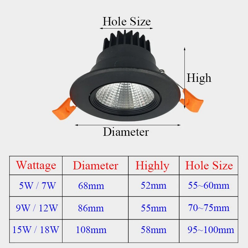 Dimmable Recessed COB LED Downlights 5W 7W 9W 12W 15W 18W LED Ceiling Lamps AC85~265V Ceiling Spot Lights Indoor Lighting
