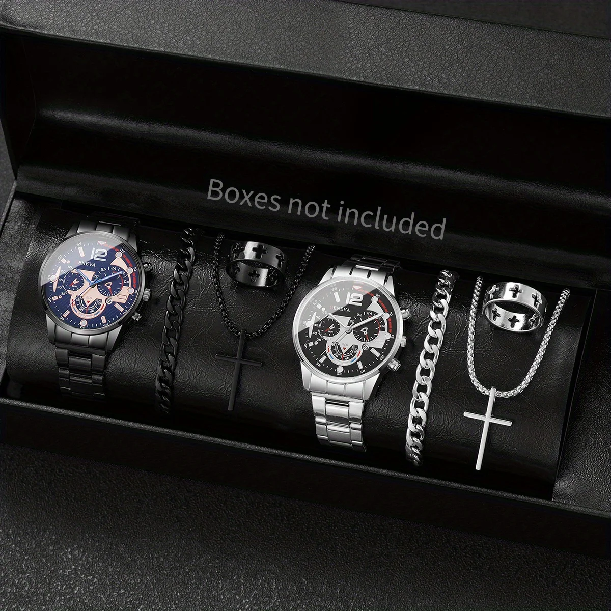 4PCS Mens Business Watch Bracelet Ring Set Analog Mechanical Quartz