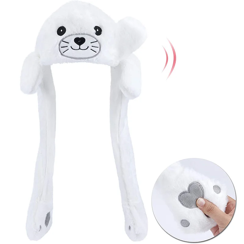 Seal Animal Ear Move Hat White Plush Bunny Ears Moving Jumping Up Toys Dress Up Funny Cosplay Party for Kids Christmas Gift bunny ear hat with moving ears bunny hat ears plush headwear with movable ear sweet cute plush toy airbag cap kids bunny hats