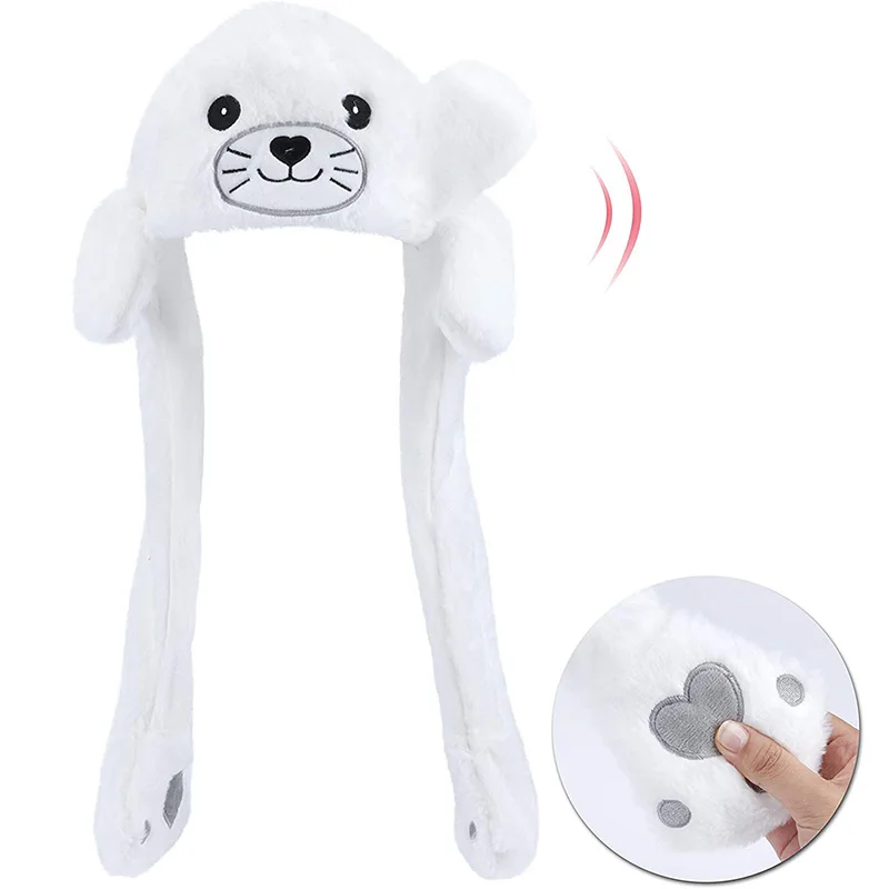 Seal Animal Ear Move Hat White Plush Bunny Ears Moving Jumping Up Toys Dress Up Funny Cosplay Party For Kids Christmas Gift party supplies,plush toys,plush hat toys
