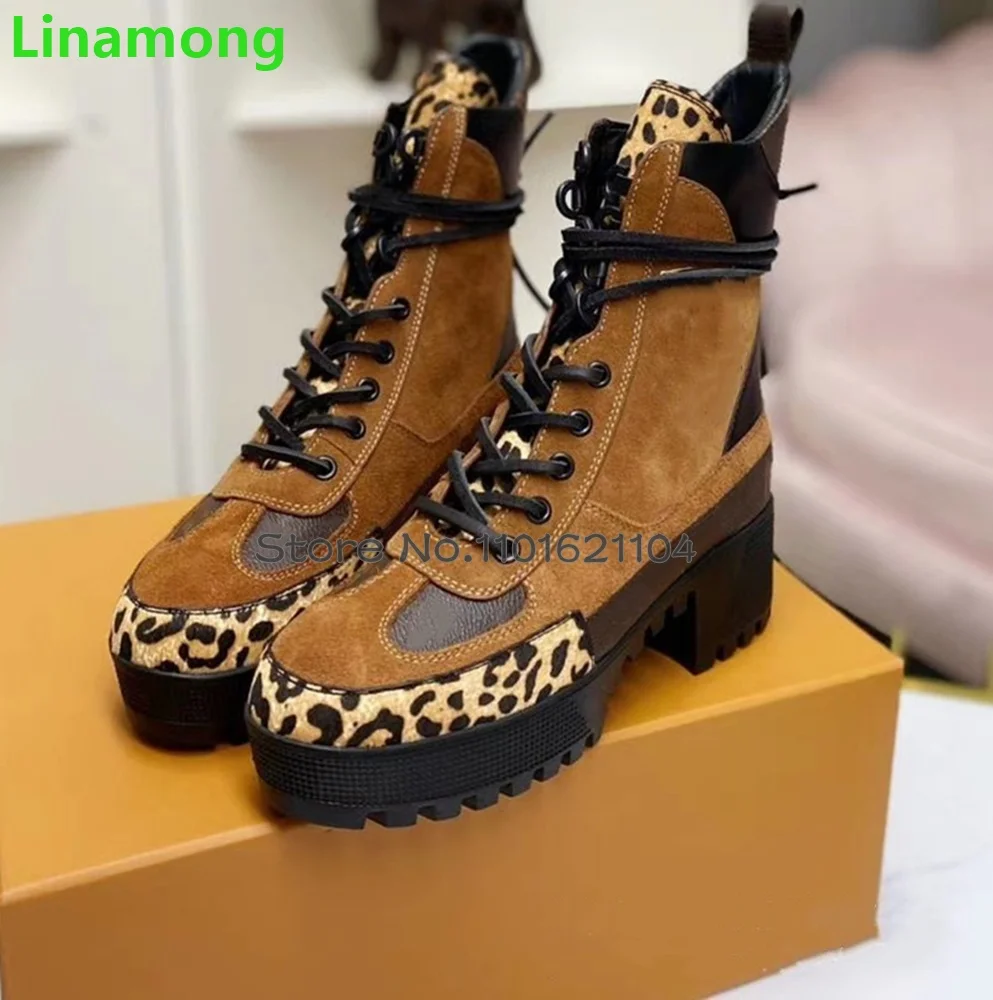 Thick Sole Square Heel Lace-up Boots For Female Women 2023 New Round Toe Ankle High Mixed Colors Fashion Luxury Design Boots