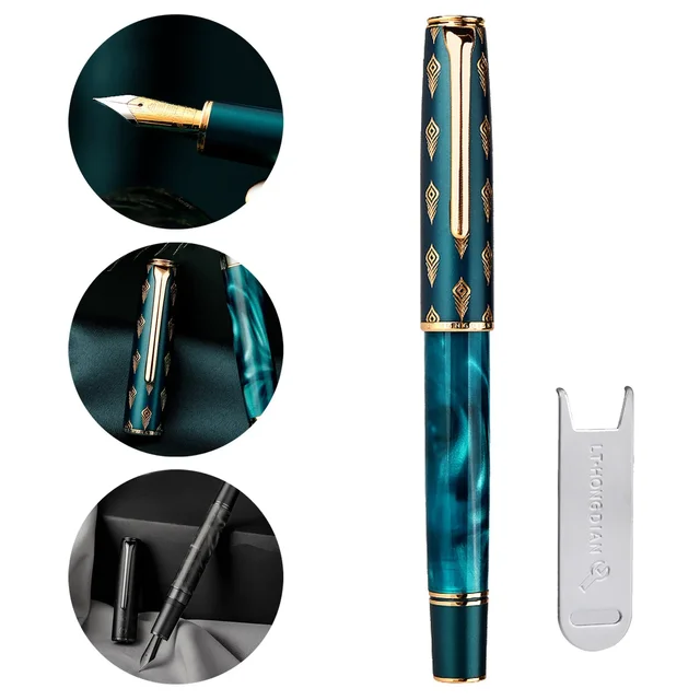 Hot Hongdian N7 Resin Fountain Pen Beautiful Peacock Totem Cap Piston inking EF/F nibs Smooth Writing ink Pen Office supplies 3