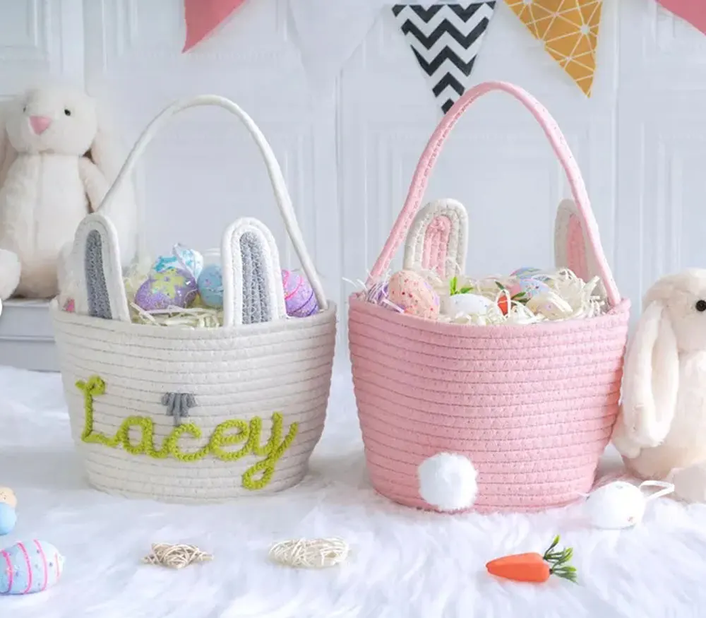 Personalized Bunny Easter Basket Egg Carrying Hand-made Baby Shower Gift Rope-Embroidered Unique Name For Newborn