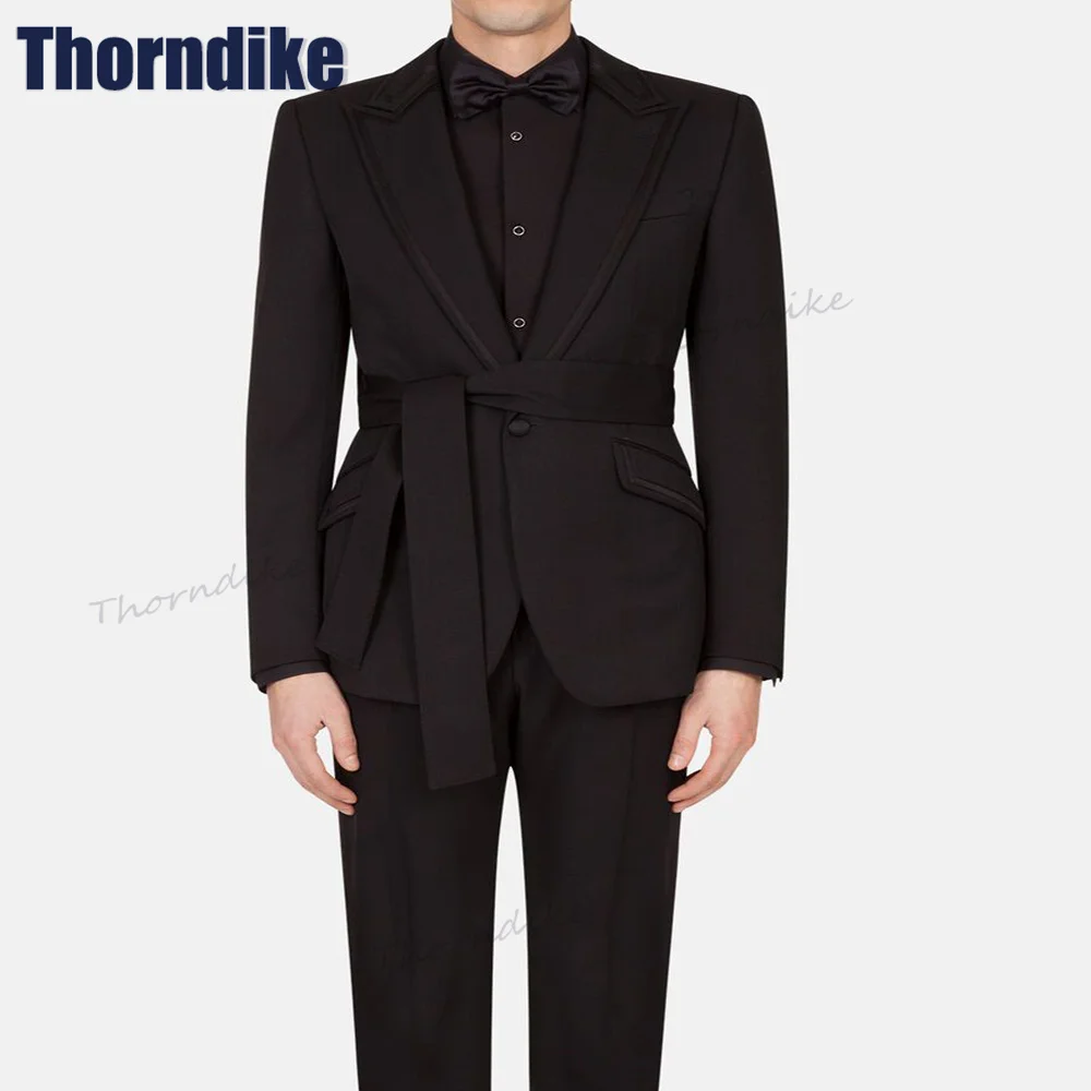 

Шикарный мужской костюм Thorndike, повседневный черный костюм, индивидуальный костюм из 2 предметов, блейзер и брюки с поясом, с лацканами