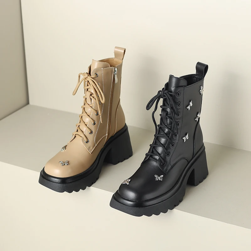 

2023 autumn winter Women ankle boots natural leather 22-25cm cowhide modern boots side zip rhinestone butterfly knot short boots