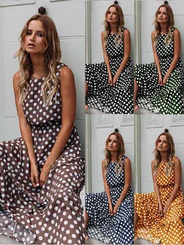 Summer Sleeveless Polka Dot Print Women Midi Dress Casual Fashion Dresses A-Line Boho Elegant Beach Long Dress Vestidos 1
