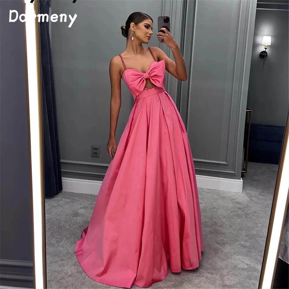 

Doymeny Satin Spaghetti Straps With Bow A-line Prom Dresses Floor Length Saudi Arabia Evening Dress A Line Special Party Gowns
