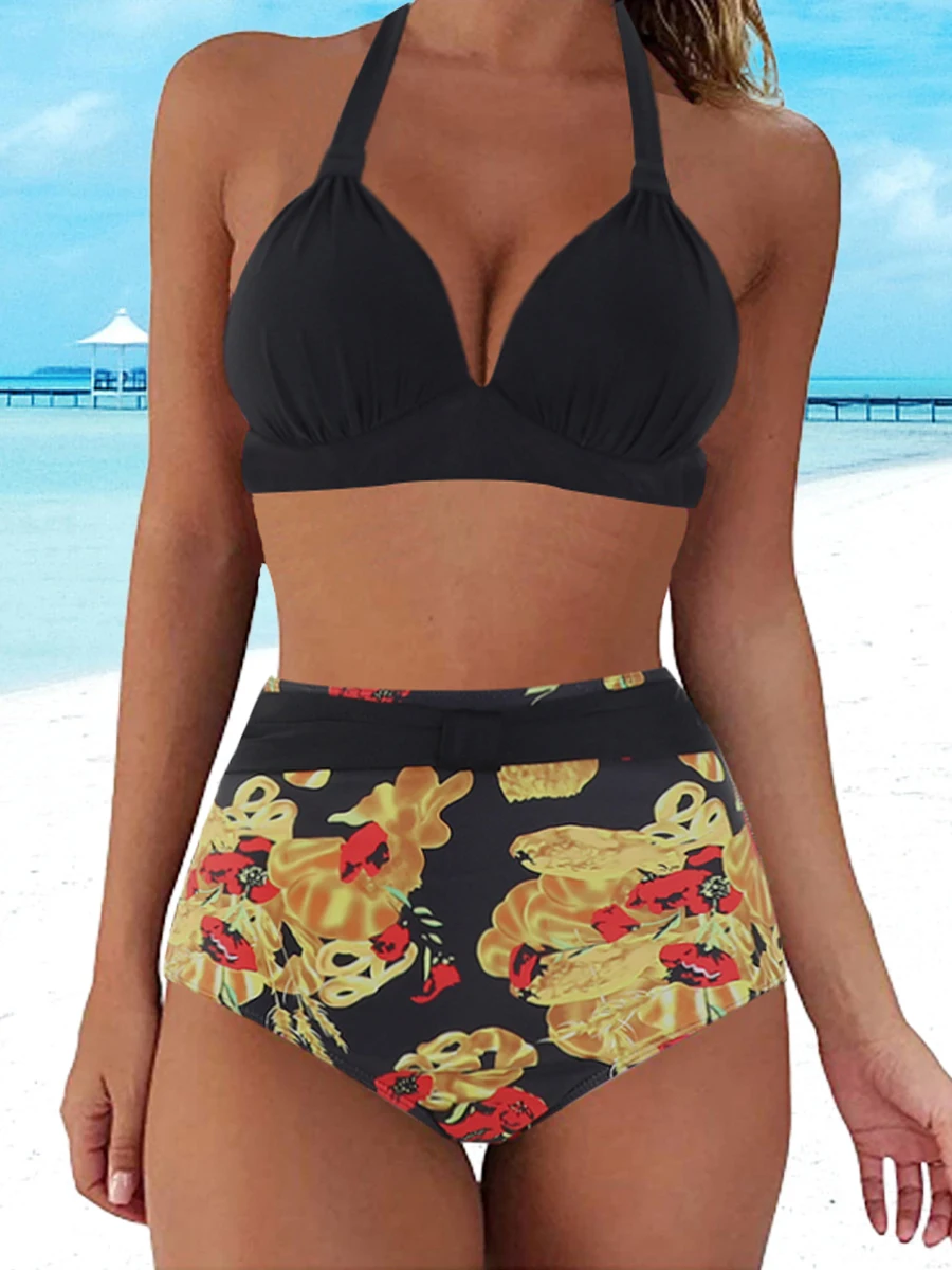 Halter Bikini Set 2023 Women High Waist Swimwear Female Solid Swimsuit Printed Beachwear Tie Back Bathers Underwire Bathing Suit