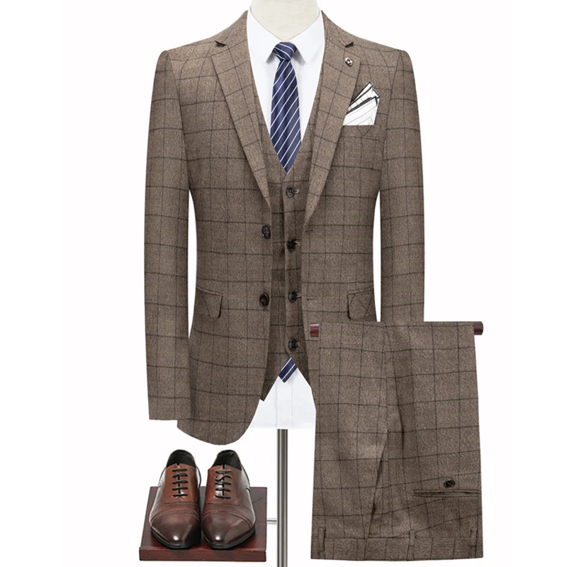 送料含む ジャケット ベスト パンツ 男性フォーマルビジネスチェック柄のスーツメンズエレガントマンドレスファッションブティックウェディングドレススーツ3個 国際ブランド Hashaliach Co Il