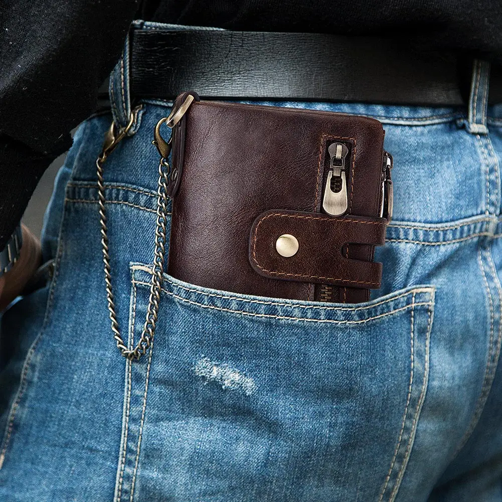 KAVIS RFID Genuine Cowhide Leather Wallet With Coin Pocket For Men Money Card Holder Purse Short Casual Zipper Bifold 6