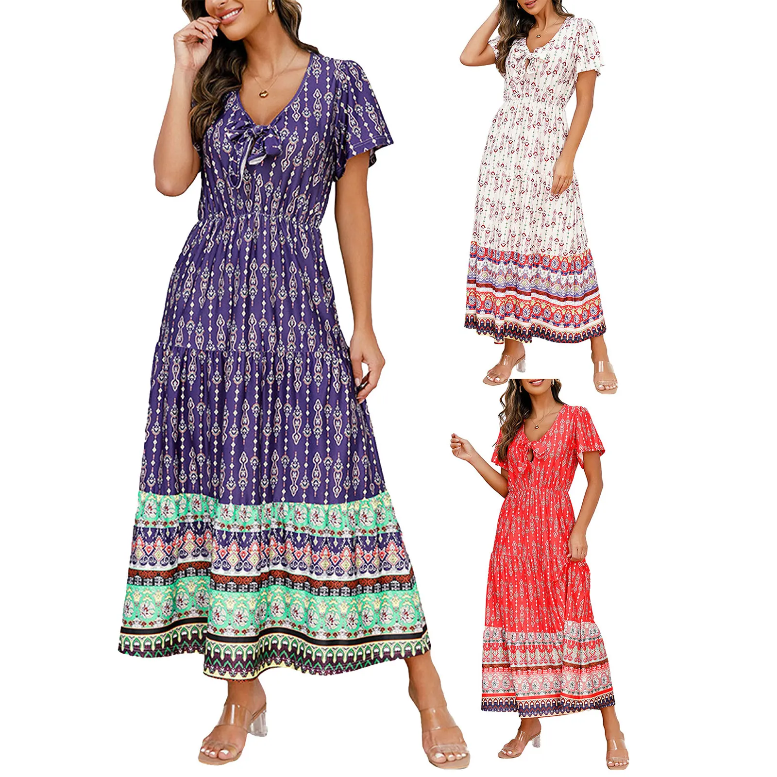

Women Summer Bohemian Long Dress Ladies Elegant Short Sleeve V Neck Graphic Print Loose Beach Dress