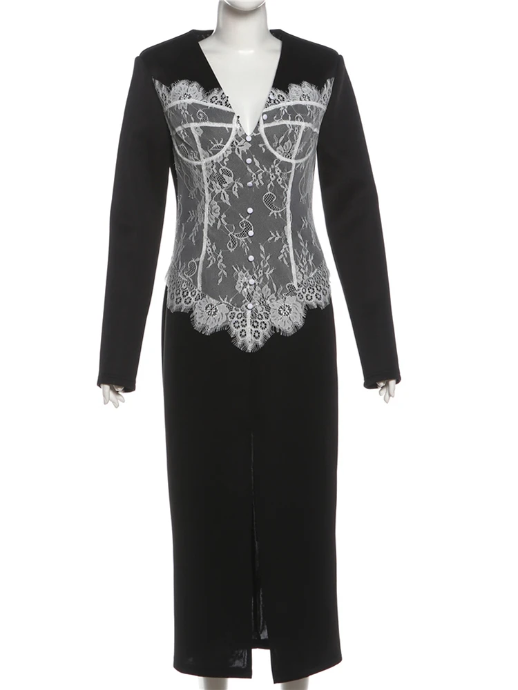 Nibber Elegant Lace Patchwork Maxi Dresses Woman Luxury V-Neck Full Sleeve High Splits Hem Midnight Prom Party Hipster Vestidos