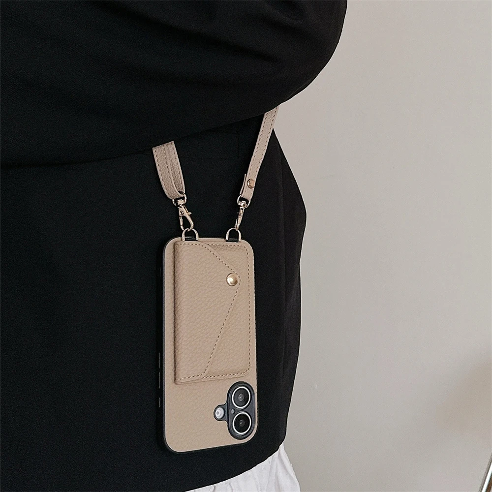 Custodia in pelle con tracolla di lusso per iPhone 16 13 15 12 14 11 Pro Max X XS XR 7 8 SE Plus con tasca per carte di credito e cordino_voghion.com
