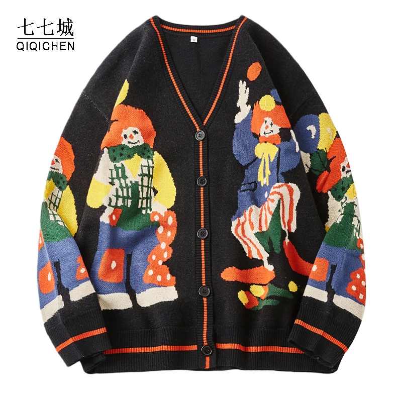qiqichen Christmas Knitted Sweater for Women and Men Oversized Streetwear Knitted Jumper Funny Clown Print