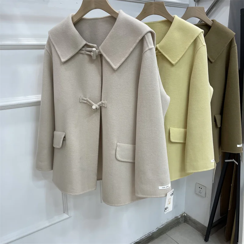 

Женское двухстороннее шерстяное пальто RosEvans, на пуговицах, с синим воротником, модное популярное короткое свободное шерстяное пальто, зимняя женская куртка