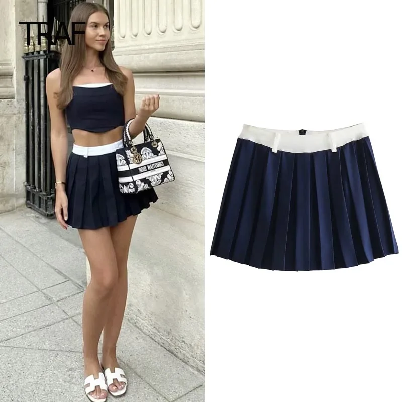 

TRAF Pleated Patchwork Skirt Fashion Women's Skirts Spring Summer Mini Blue Mid Waist Short Skirt Elegant And Pretty Women Skirt