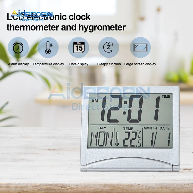 1pc Mini Horloge Simple, Réveil Numérique Thermomètre Hygromètre