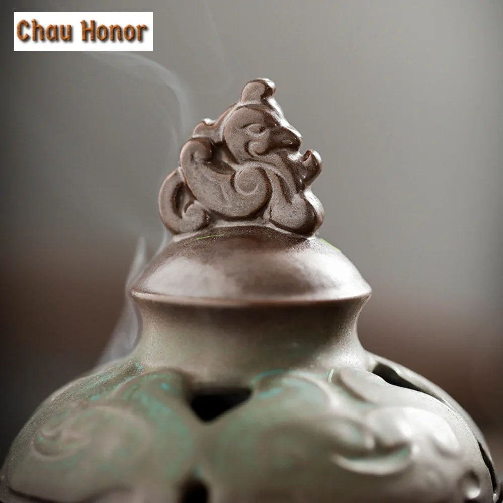 Antique Double Ear Bronze Pattern Ceramic Incense Burner Plate Art Sandalwood Furnace Zen Censer Burner Holder Home Decoration