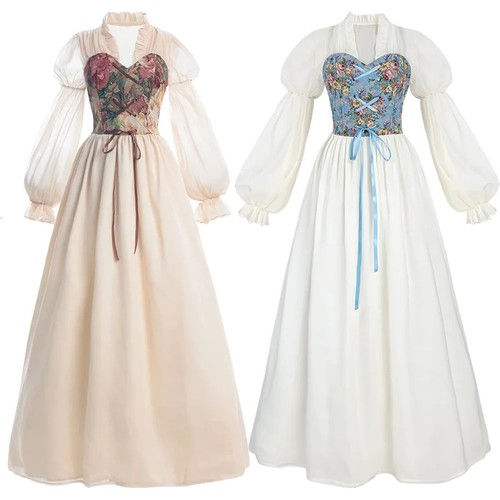 

Robe New Women Medieval Victorian Retro French Apparel Dress Square Collar Long Sleeves High Waist Brown Temperament Long Dress