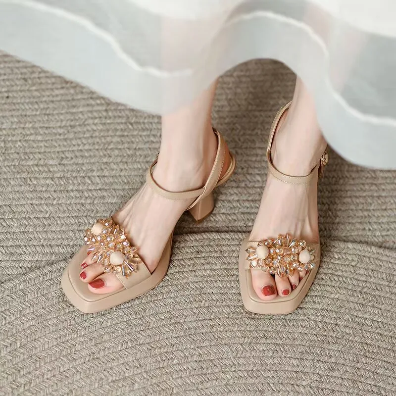 

2023 Summer Woman Sandals pu Leather Women Shoes Square Toe High Heels Solid Open Toe Chunky Heels White Sandals for Women New