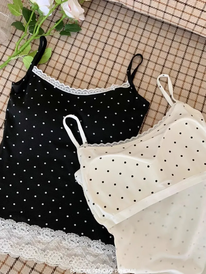 Neues, angesagtes Mädchen-Style Spitzen-Top mit Polka Dots, ärmellos, mit festem Brustpolster, als Unterwäsche oder Oberbekleidung geeignet. – Detail 3