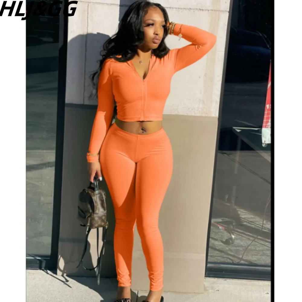 HLJ&GG Casual Solid Color Hooded Two Piece Sets Women Zipper Long Sleeve Crop Top And Skinny Pants Outfits Female 2pcs Tracksuit