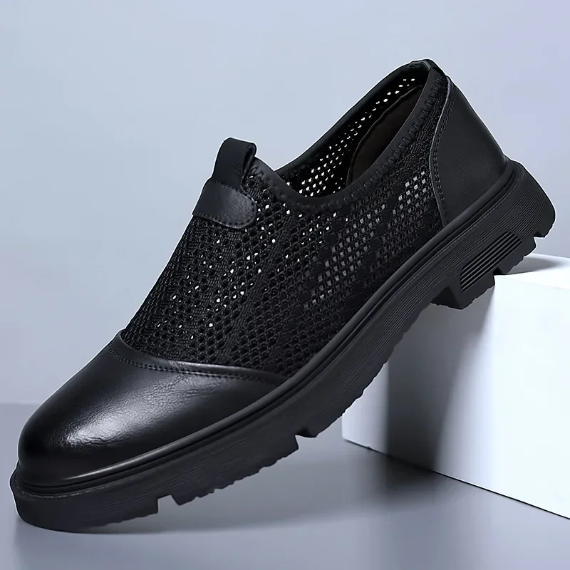 

2024 Summer New Hollow Mesh Men's Loafers Designer New Thick Soled Outdoor Walking Slip-on Leather Shoes Sandals for Men