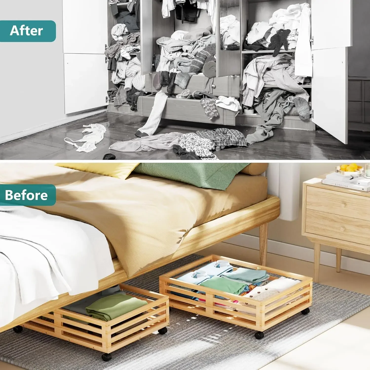 Bamboo Under Bed Storage Containers- Underbed Organizer with Wheels with Large Capacity Dust Bag,Sturdy Wood Rolling Under Bed S 6