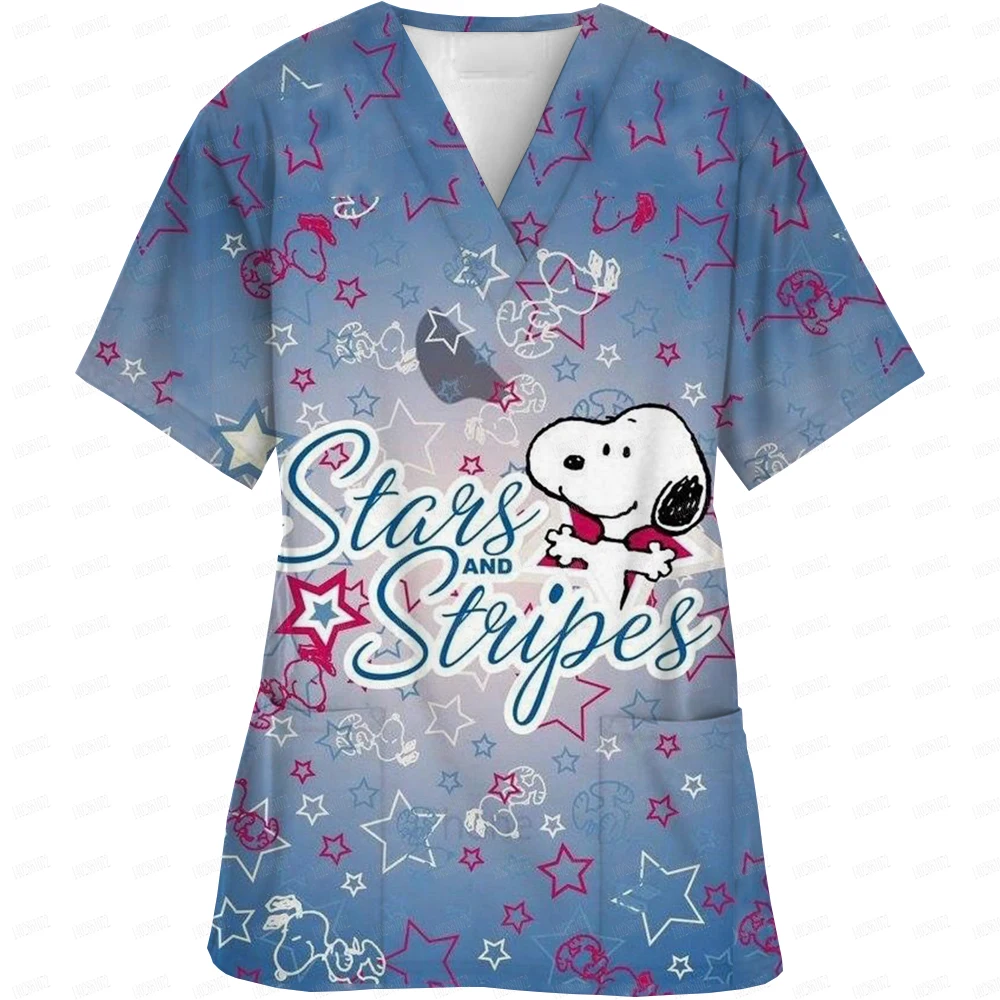 thumbnail image 1 of Uniforme de trabajo de enfermera de hospital clínico Camiseta con estampado de Snoopy Camiseta de mujer con cuello en V y bolsillo Uniformes médicos Camisetas de enfermería Ropa de trabajo, 1 of 5