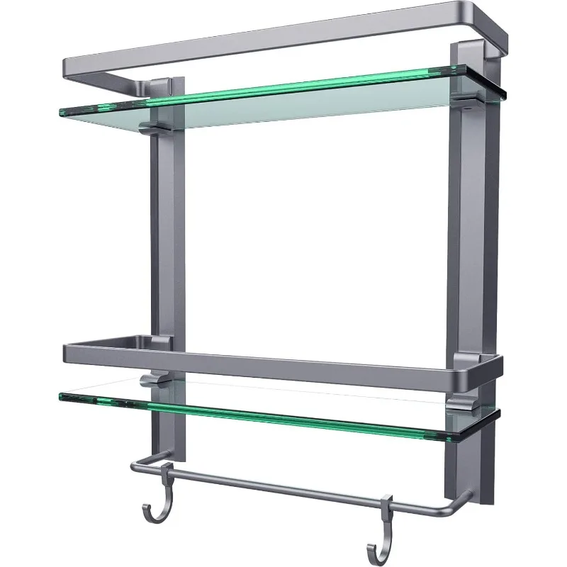 Glass Bathroom Wall Organizer Shelf, 2-Tier Glass Shelf with Integrated Towel Bar Wall Mounted Shower Storage 15.2 by 5 inches