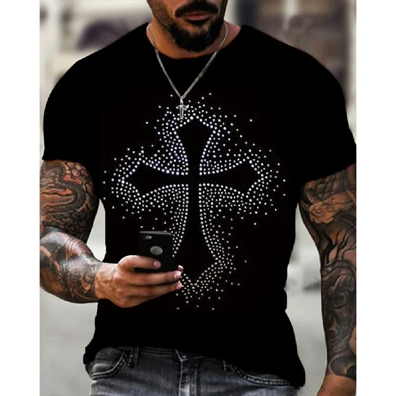 

Men's Fashion Oversized T-Shirts Cross Hot Drill Tee Tops Short Sleeve O-Neck Rhinestone Moto Biker Men Clothing Tshirt Quality