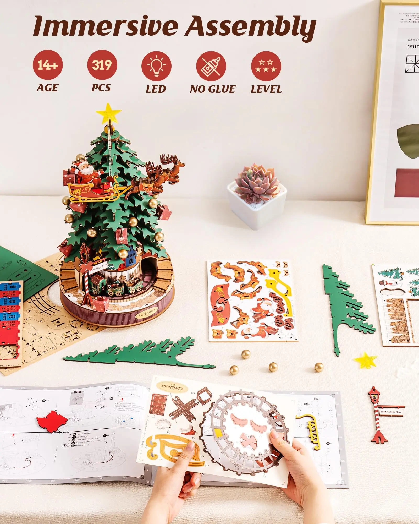 Robotime-rolife-クリスマスのメロディツリーオルゴール,ライト付きの