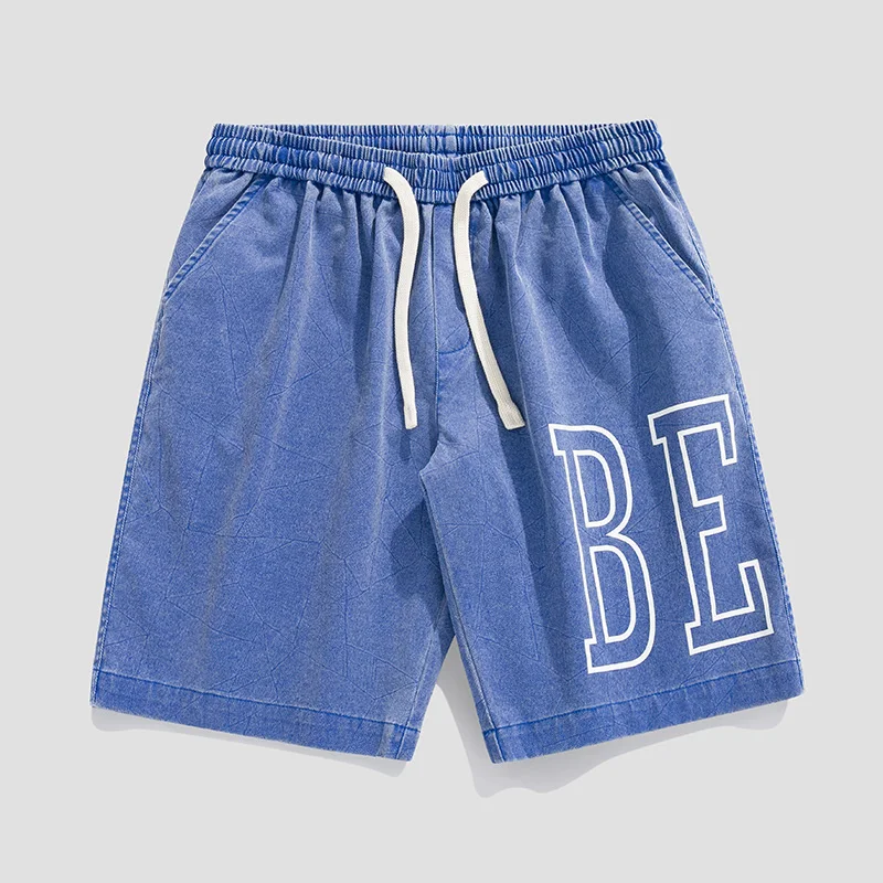 Men's Summer Shorts Casual Drawstring Elastic Waist Printing Straight Retro Pure Wash Sports Shorts Harajuku Wide Leg Pants