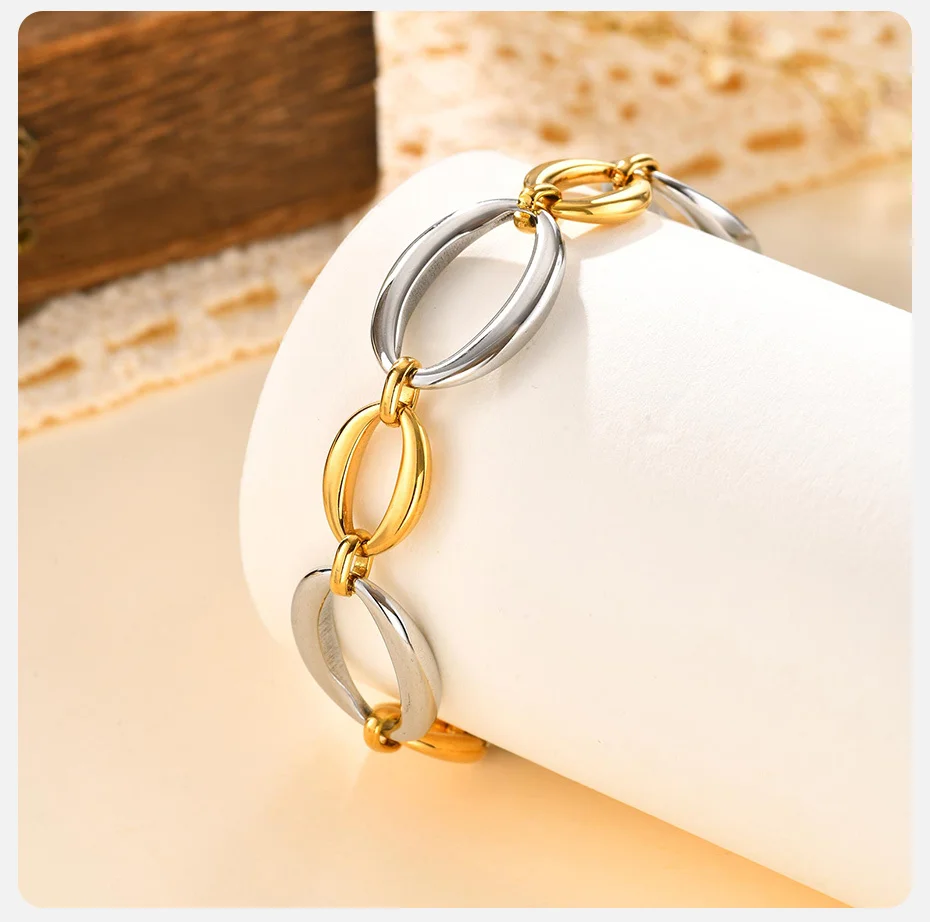 Vnox Charms große und kleine ovale Kettenarmbänder für Frauen und Mädchen, Edelstahl, verflochten, goldfarben, handgefertigte Glieder, Schmuck, Geschenk – Detail 6