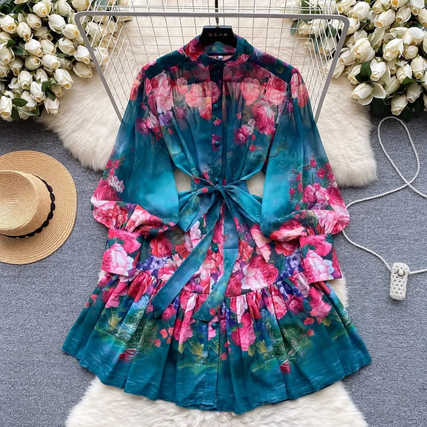 2024 New Summer Holiday Beach Short Dress Women's Stand Long Lantern Sleeve Floral Print Sashes Lace Up Chiffon Loose Vestidos